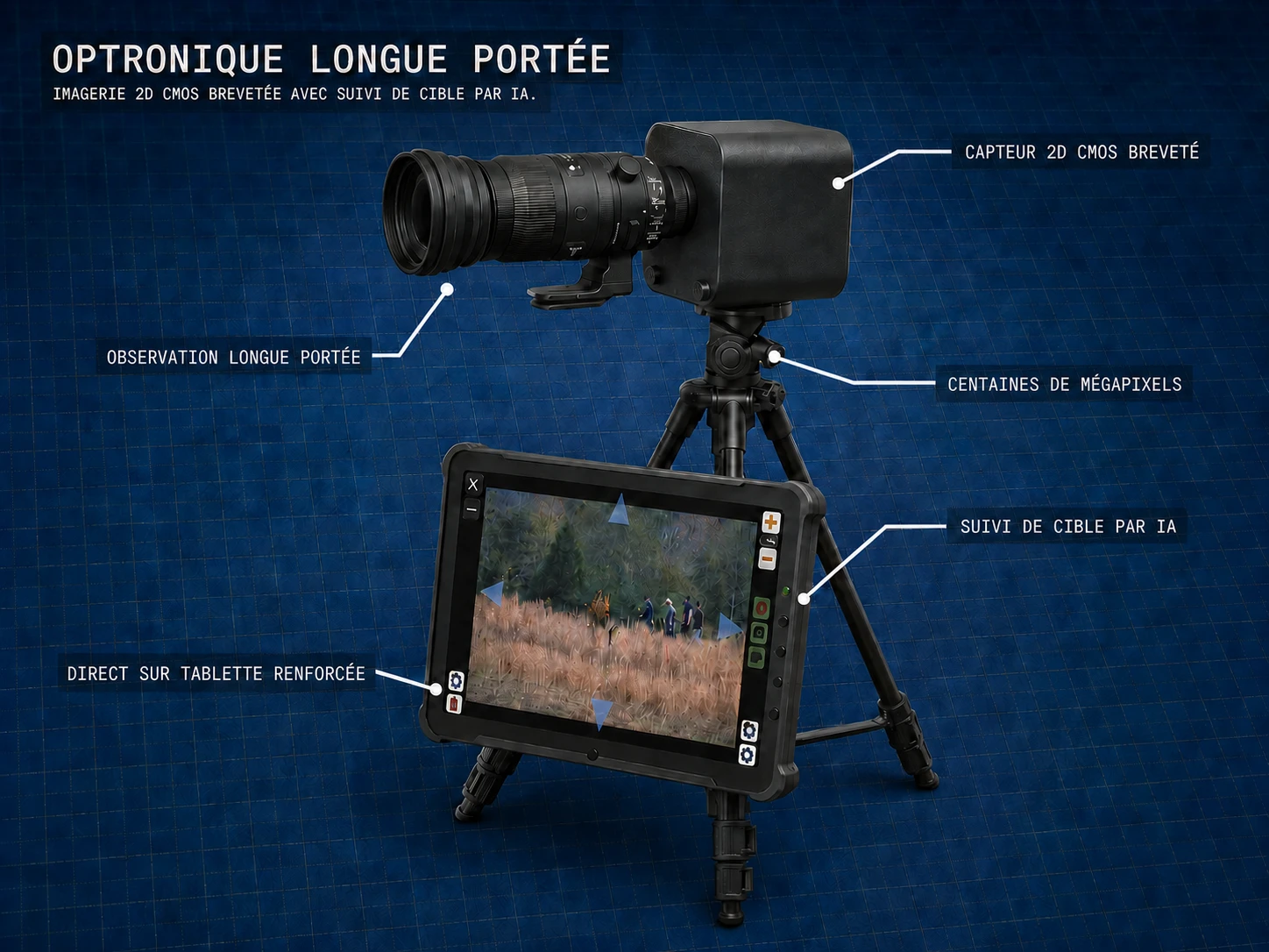 Optronique longue portée CSHR sur un tapis technique, avec spécifications annotées.