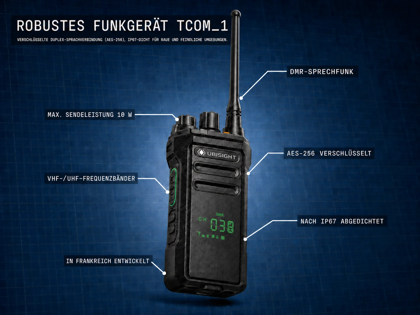 Robustes Funkgerät TCOM_1 auf einer technischen Matte, mit beschrifteten Spezifikationen.