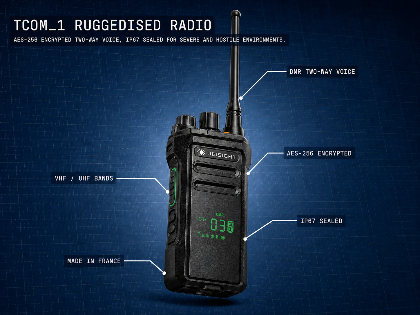 TCOM_1 ruggedised radio on a technical mat, with labelled specifications.