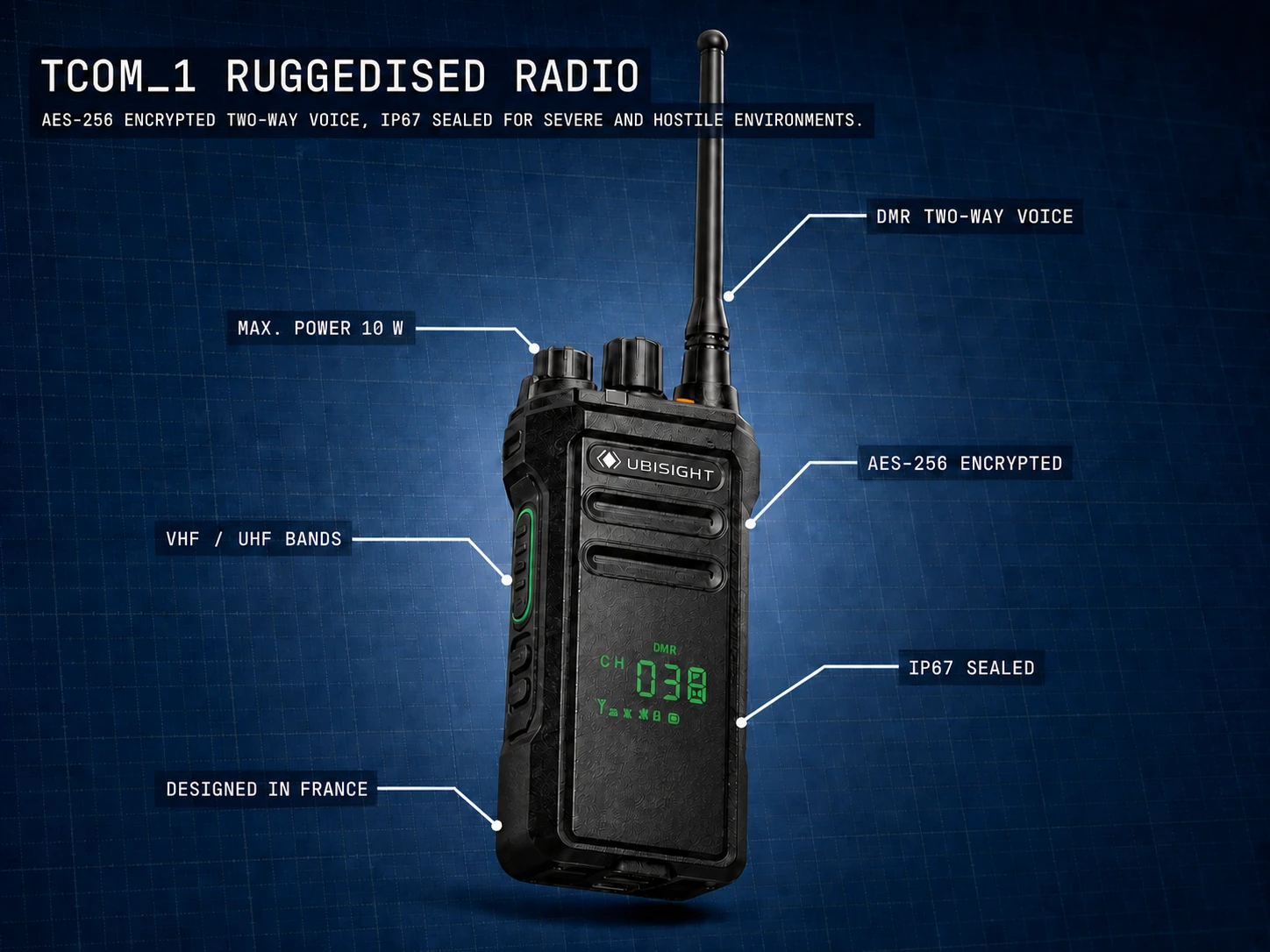 TCOM_1 ruggedised radio on a technical mat, with labelled specifications.