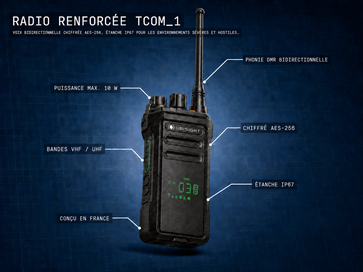 Radio durcie TCOM_1 sur un tapis technique, avec spécifications annotées.
