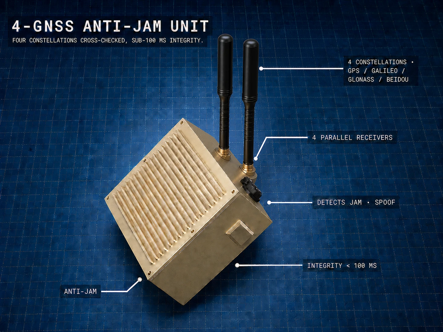BT3L-US4G 4-GNSS anti-jam unit on a technical mat, with labelled specifications.